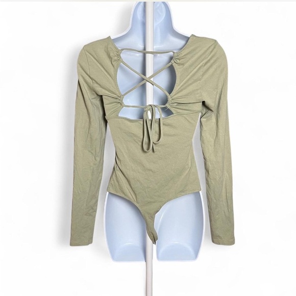 American Eagle Sage Green Square Neck Long Sleeve Bodysuit - Picture 3 of 4